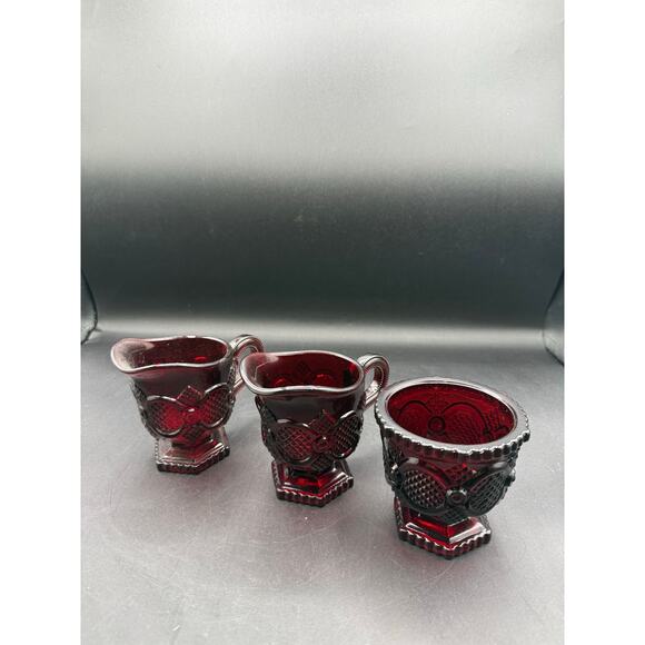 Vintage Avon “1876 Cape Cod” Ruby Red Glass Sugar Bowl w/Two Creamers - Picture 1 of 8